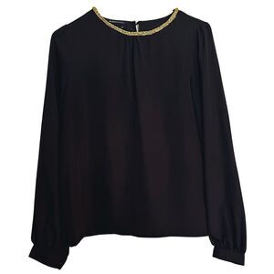 BCBG MAXAZRIA New Year Party Black Long Sleeve Blouse Top Gold Chain Neckline XS